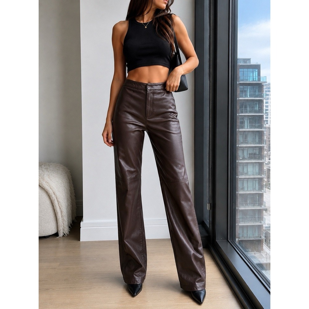 Vintage Y2K Brown Leather Pants Womens 6 Straight Leg Minimalist Fall